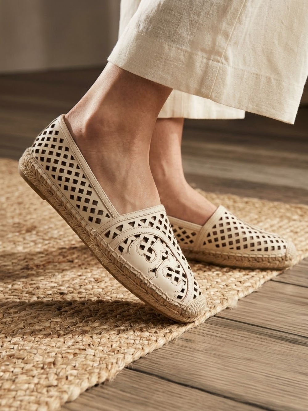 TORY BURCH Laser Cut Leather Espadrilles in Dulce de Leche Cream Sz. 7.5